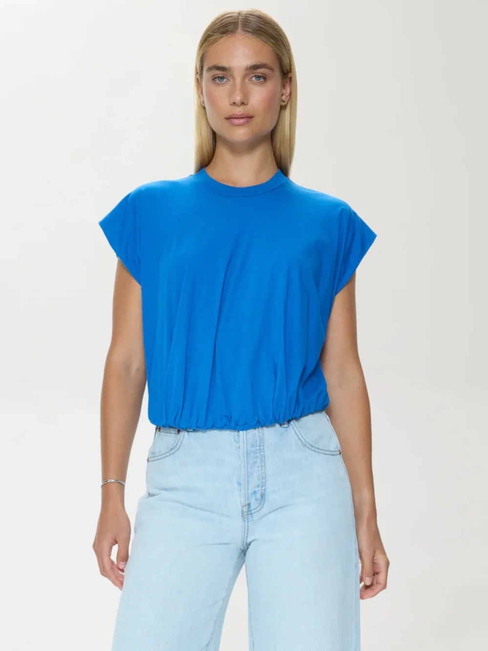 pistola Bright Blue Cap-Sleeve Cinched-Hem Crop Top
